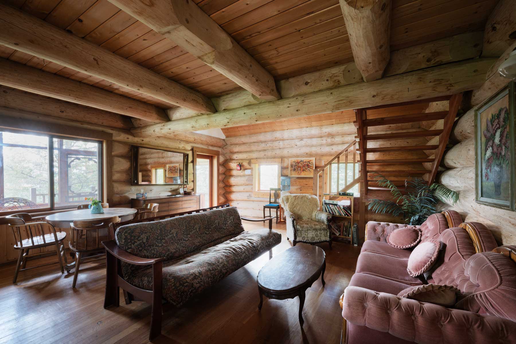 A lounge in the Wild Rose Cabin at Tin Poppy Retreat, Larch Hills in BC.
