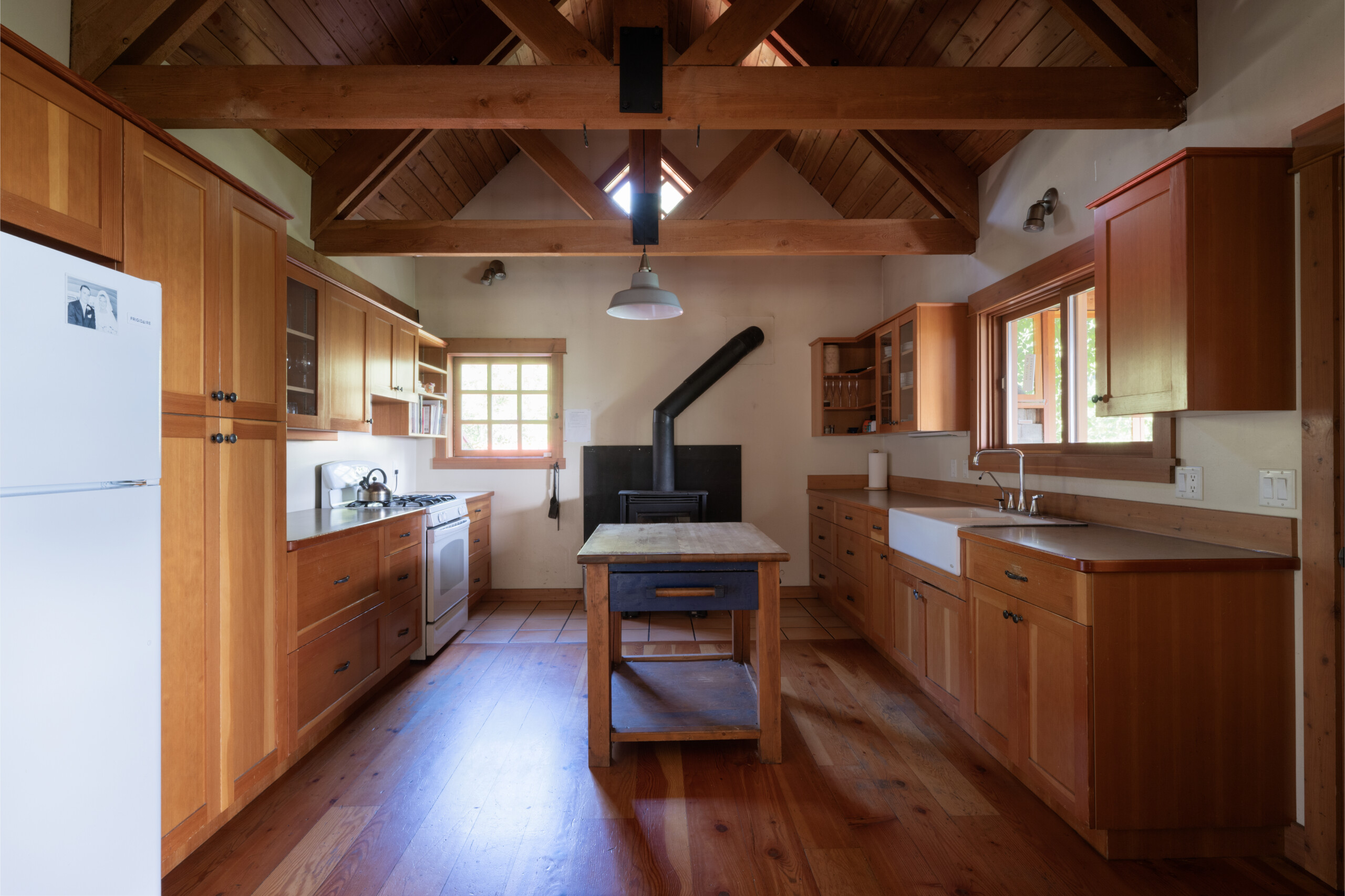 A large country kitchen in the Lavender Cabin at Tin Poppy Retreat..