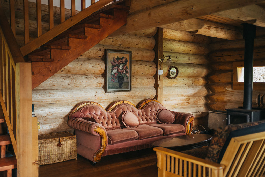 The Wild Rose Cabin's lounge at Tin Poppy Retreat, near Salmon Arm, BC.