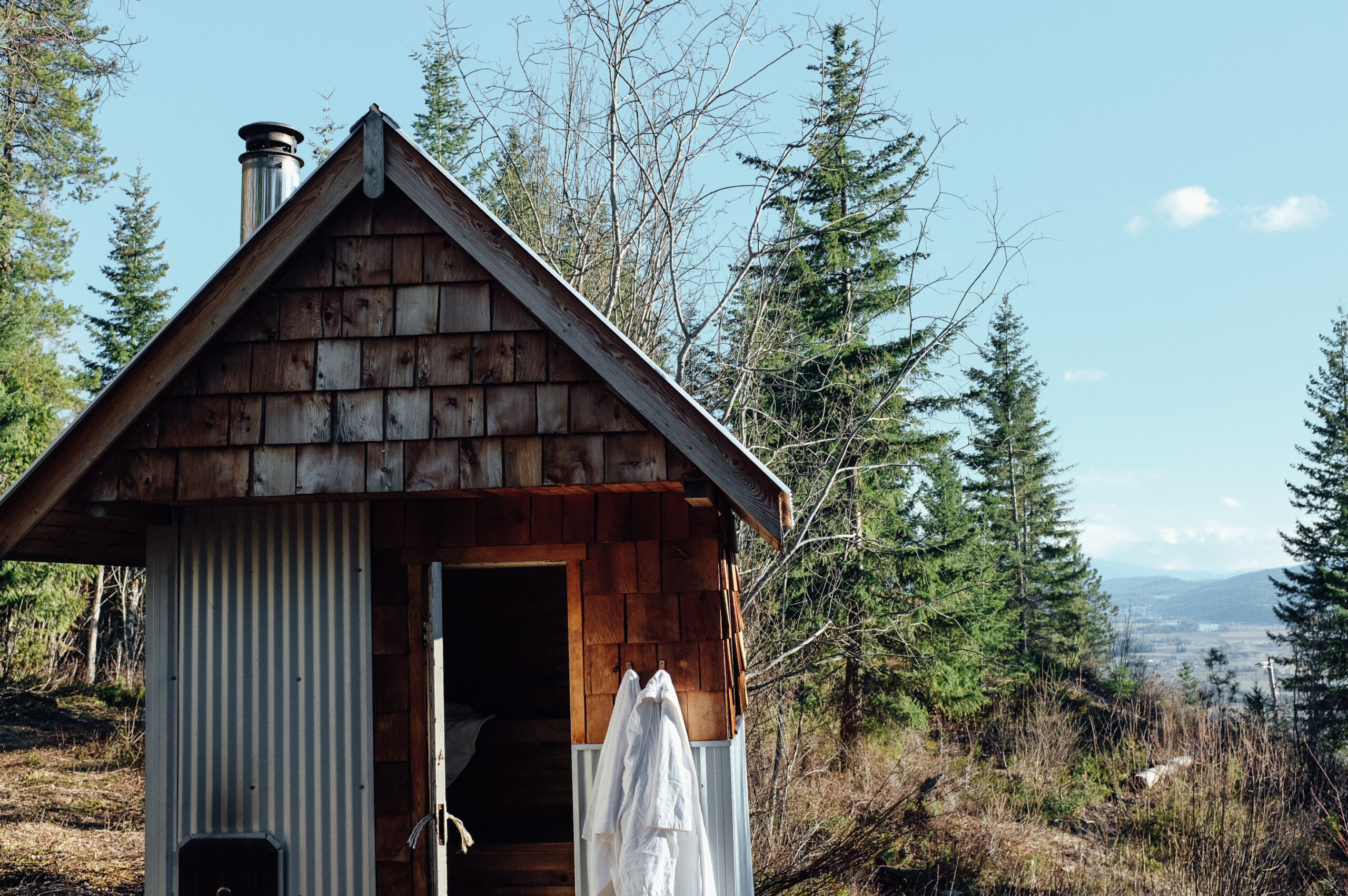The wood-fired sauna at Wild Rose Cabin at Tin Poppy Retreat, in the Shuswap, BC.