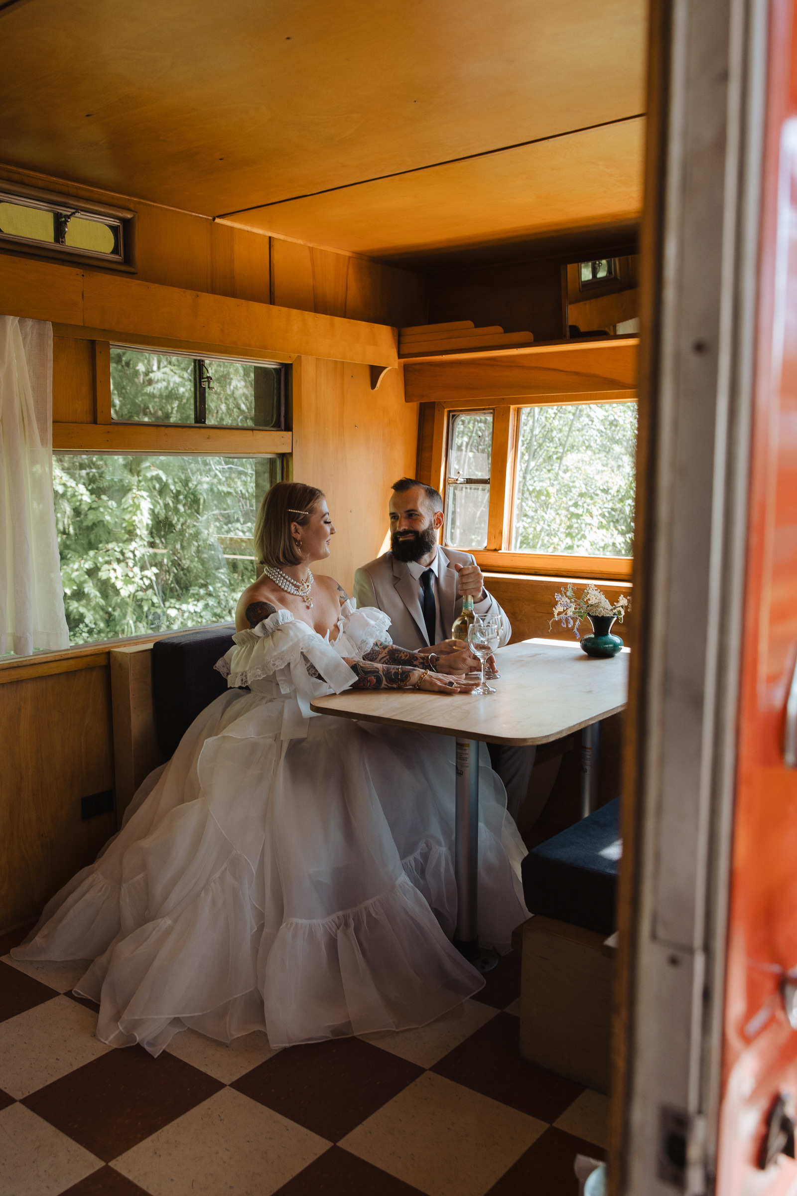 Cydney & Michael Bride and Groom in Tin Poppy Cabin.
