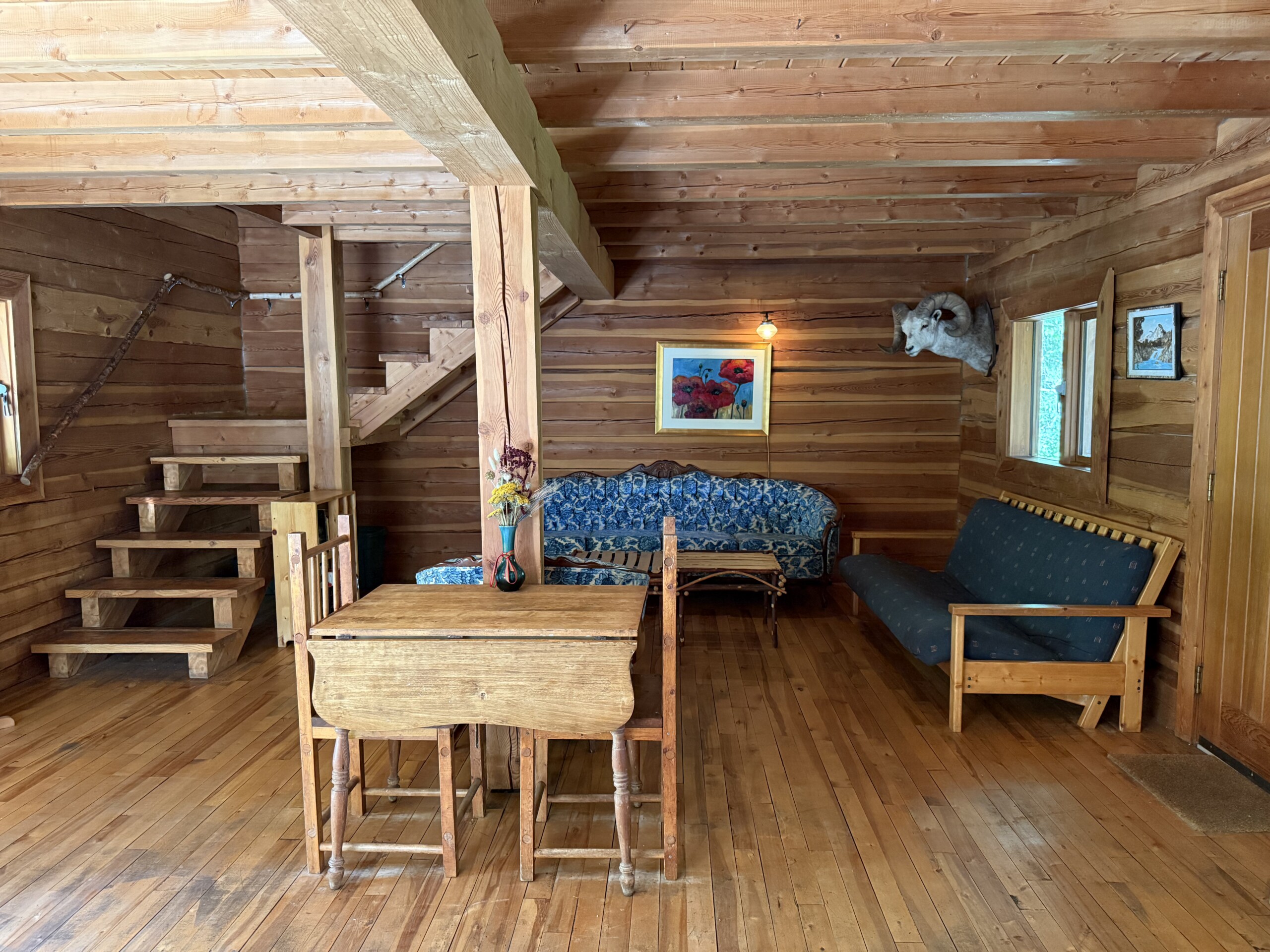 A cozy fire place in Wild Rose Cabin in the Larch Hills, BC.
