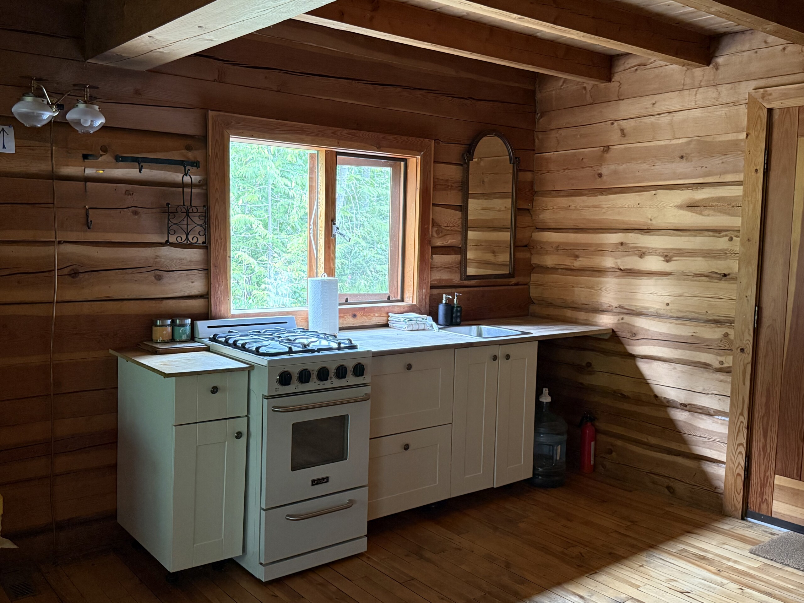 The lounge and dining table at Wild Rose Cabin rental, near Salmon Arm, BC.