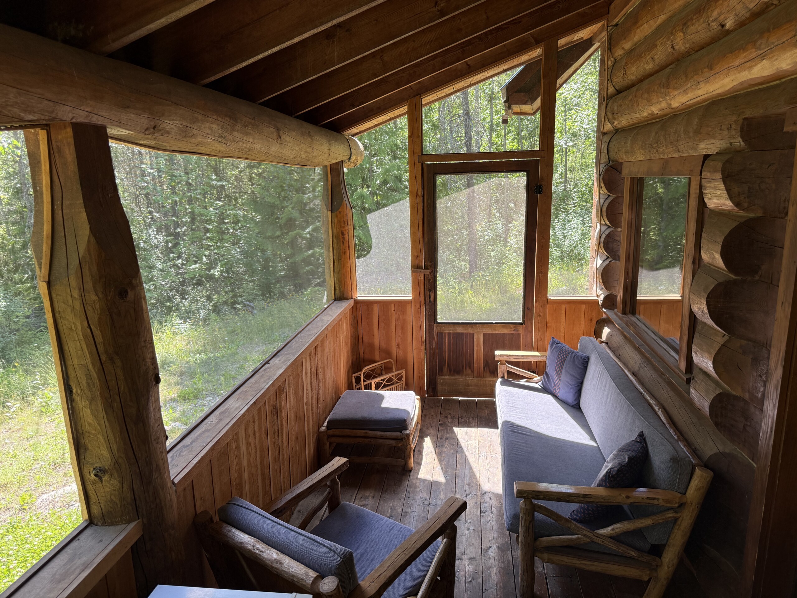 The king sized bed in Wild Rose Cabin near Salmon Arm, BC.