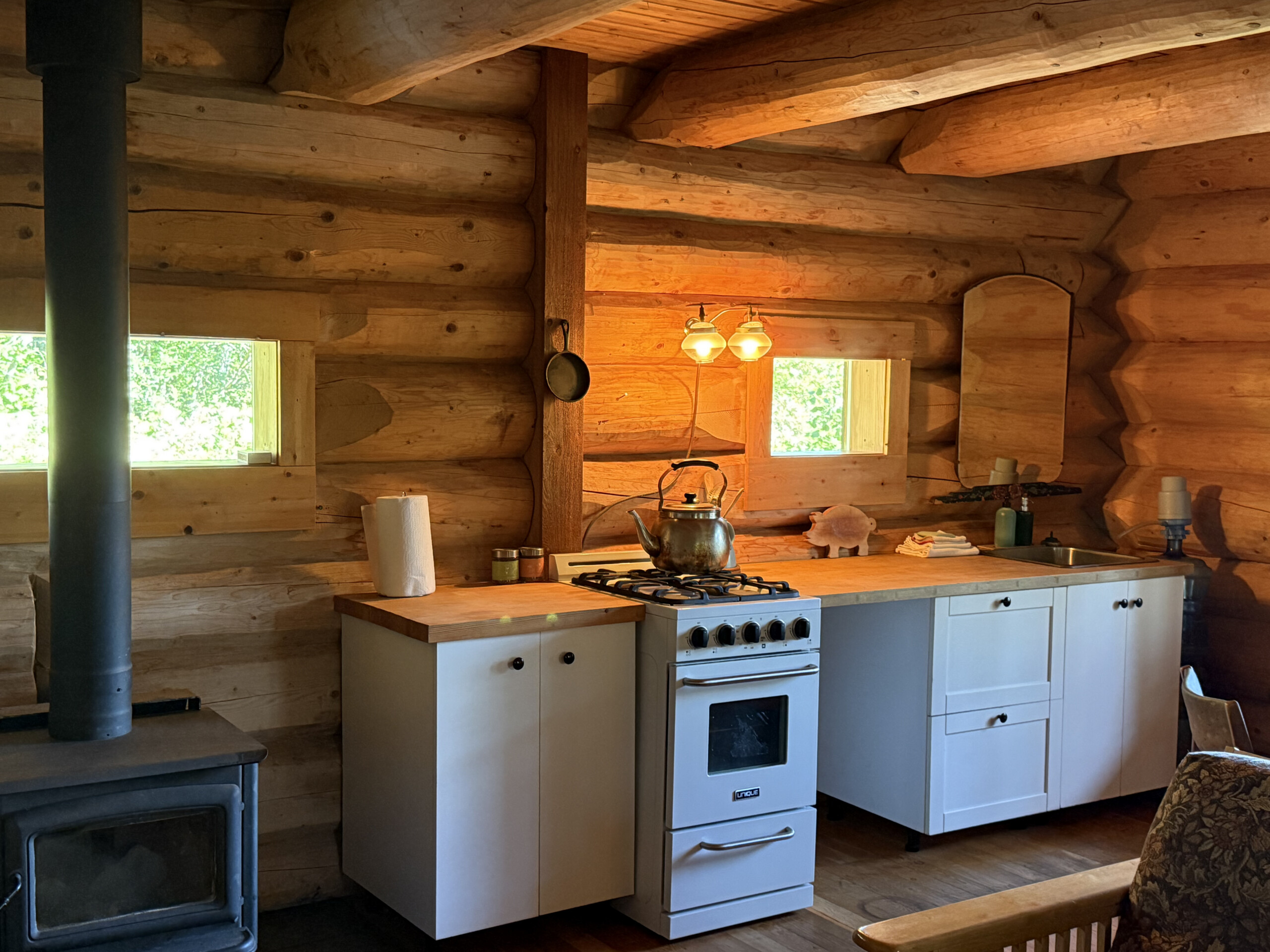 The wood-fired sauna at Wild Rose Cabin at Tin Poppy Retreat, in the Shuswap, BC.