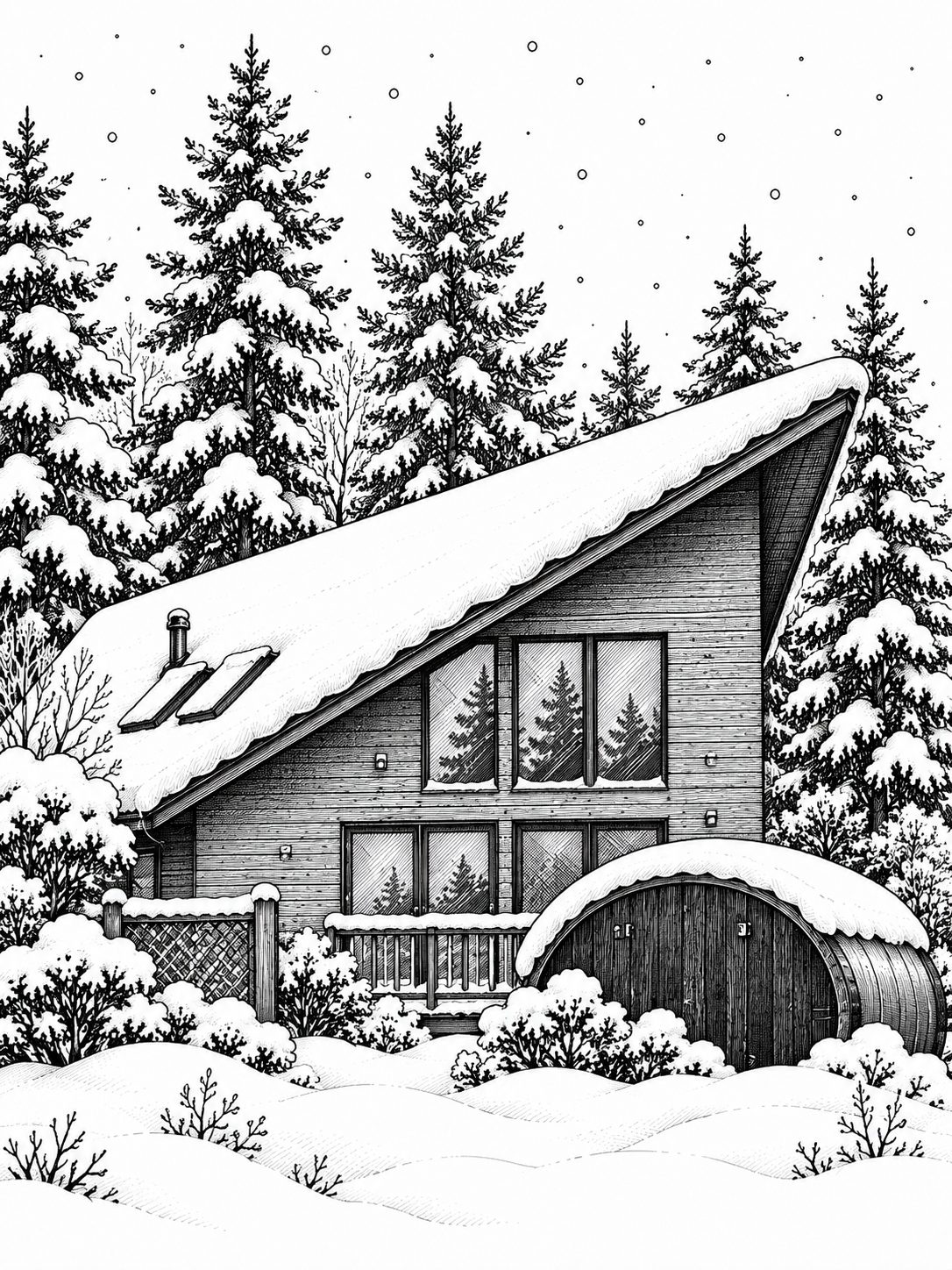Winter illustration of Blind Bay Chalet with a barrel sauna in the snow