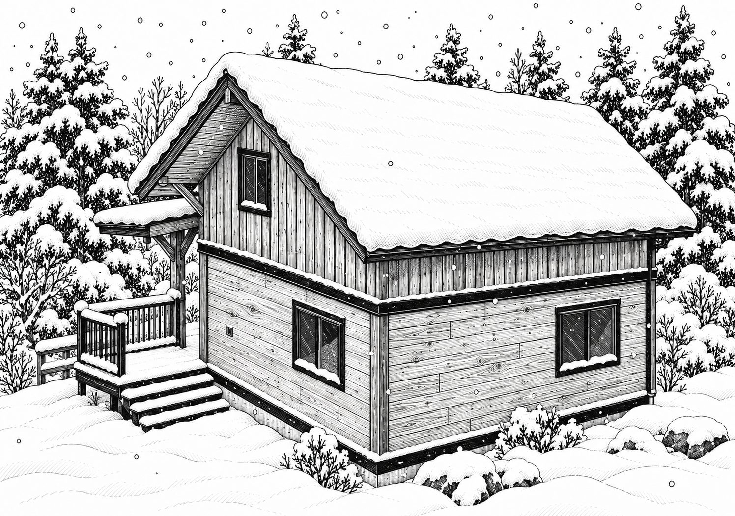 Winter illustration of Journey’s End Historic Finnish Log Cabin and sauna surrounded by snowy trees in the Shuswap, BC.