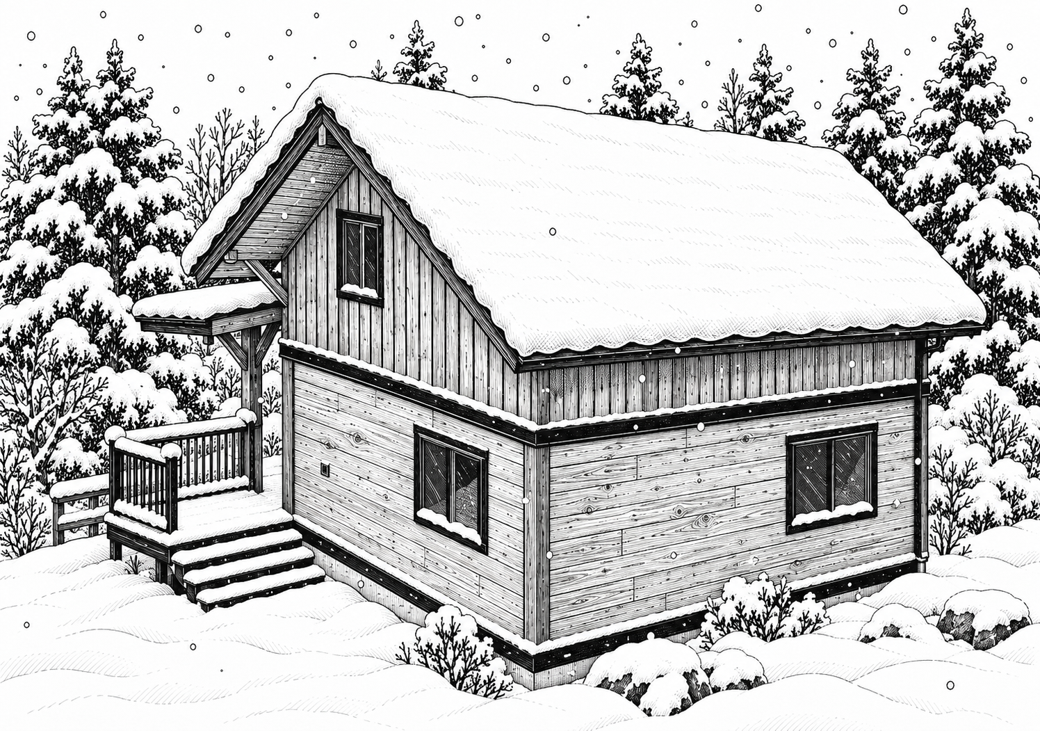 journys-end-cabin Winter illustration of Journey’s End Historic Finnish Log Cabin and sauna surrounded by snowy trees in the Shuswap, BC.