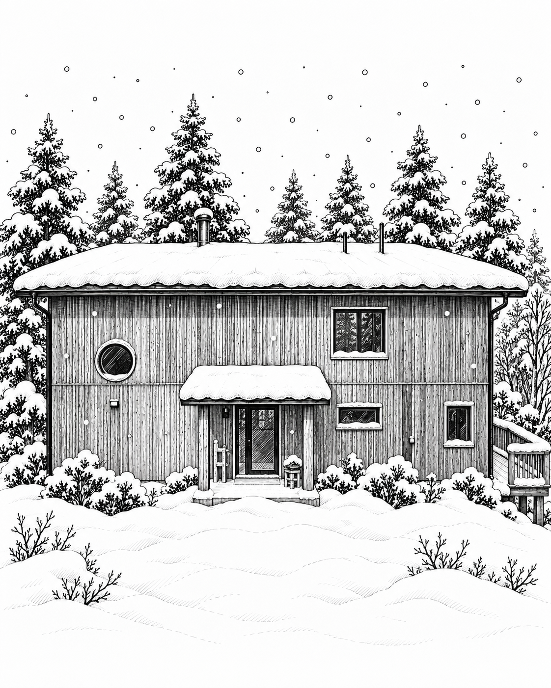 shuswap-cedar-cabin Winter illustration of Shuswap Cedar Cabin with a sauna surrounded by snow-covered forest in the Shuswap, BC.