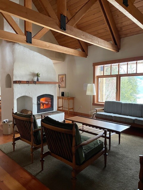lavender-fireplace The fireplace at Lavender Cabin, near Larch Hills Nordics
